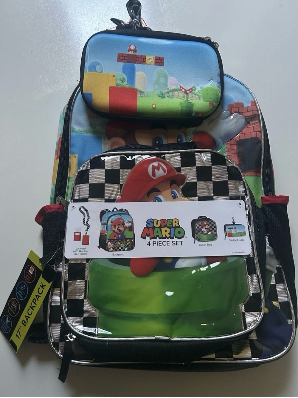 Super Mario 4 Piece 17”Backpack Set Lunch Box Gadget Box School Bag New